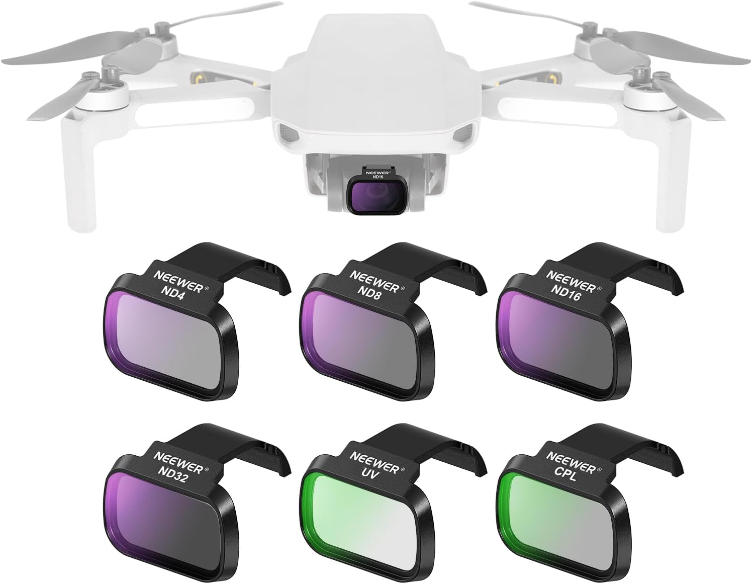 NEEWER 6 Pack ND Filter Set Compatible with DJI Mini 4K/2/Mavic/SE/2 SE | Drone Lens Accessories, Snap on, CPL, UV, Neutral Density Filters, ND4/8/16/32, Multi Coated HD Glass, Gimbal Safe, FL-B31