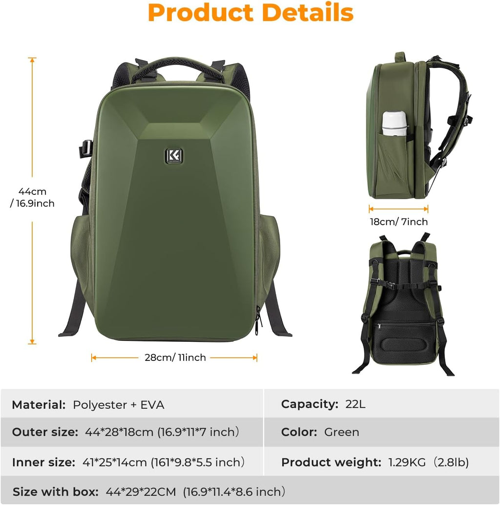 K&F CONCEPT Camera Backpack,Hardshell Photography DSLR Camera Bag | 15-15.6 Inch Laptop Compartment, Waterproof, Hard Shell Camera Case, Compatible with Canon/Nikon/Sony/DJI Mavic Drone, B07