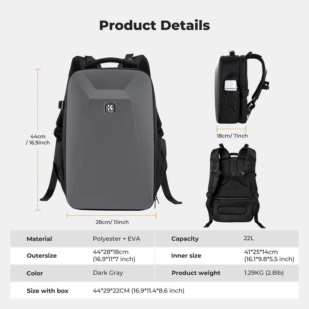 K&F CONCEPT Camera Backpack,Hardshell Photography DSLR Camera Bag | 15-15.6 Inch Laptop Compartment, Waterproof, Hard Shell Camera Case, Compatible with Canon/Nikon/Sony/DJI Mavic Drone, B07