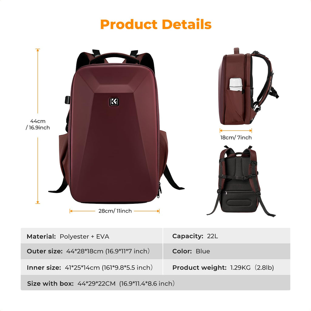 K&F CONCEPT Camera Backpack,Hardshell Photography DSLR Camera Bag | 15-15.6 Inch Laptop Compartment, Waterproof, Hard Shell Camera Case, Compatible with Canon/Nikon/Sony/DJI Mavic Drone, B07