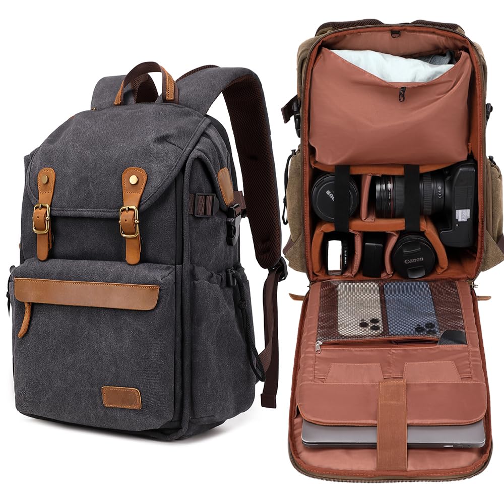 Vintage Canvas Camera Backpack (Coffee Brown) for DSLR/Mirrorless & Drone, Waterproof Photography Bag with 16" Laptop Compartment, Large Capacity Travel Camera Bag for Photographers