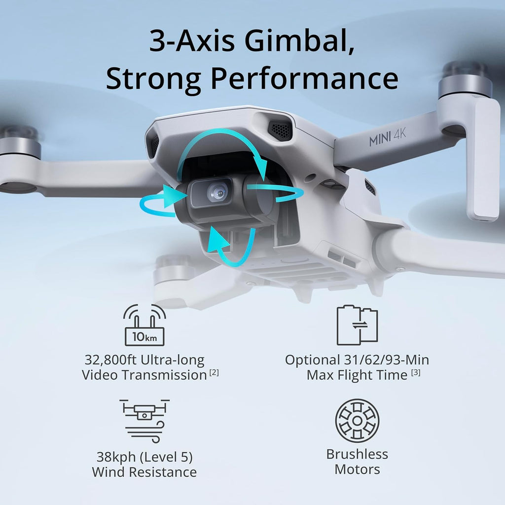 DJI Mini 4K, Drone With 4K UHD Camera, Under 249 g | 3-Axis Gimbal, 10km Video Transmission, Auto Return, Wind Resistance, 31-Min Flight Time, Intelligent Flight