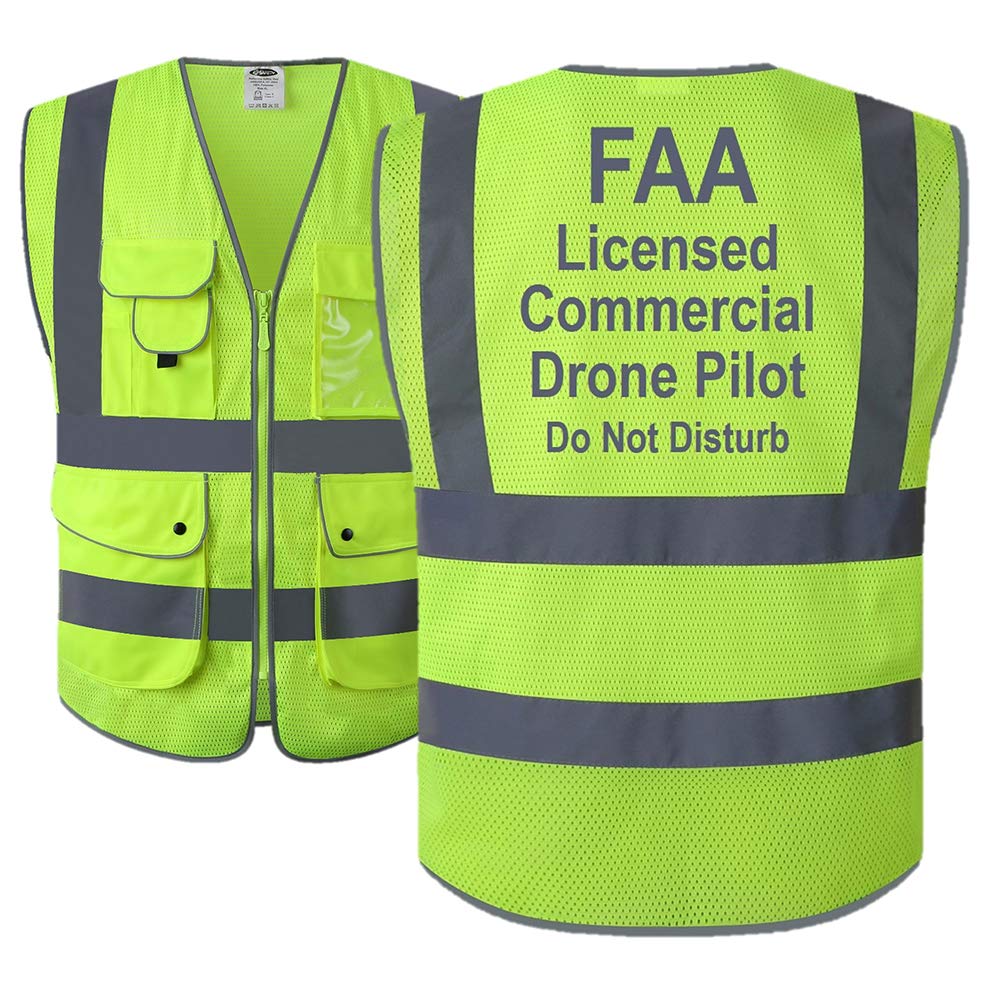 JKSafety Licenced Drone Pilot Reflective Safety Vest JK100FAA Yellow L | 4 Reflective Strips, 9 Pockets ANSI Class 2 FAA-Compliant Drone Pilot Vest Breathable Mesh for UAV & Field Operations