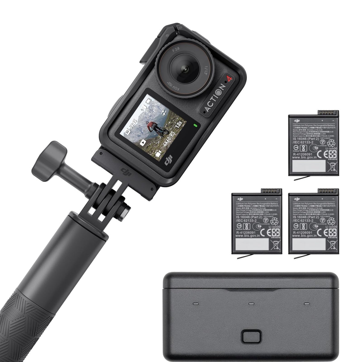 DJI Osmo Action 4 Essential Combo, Waterproof Action Camera Vlogging Camera | 1/1.3" Sensor, 4K/120fps Video, Stunning Low-Light Imaging, 10-bit & D-Log M Color Performance, Long-Lasting 160 Mins