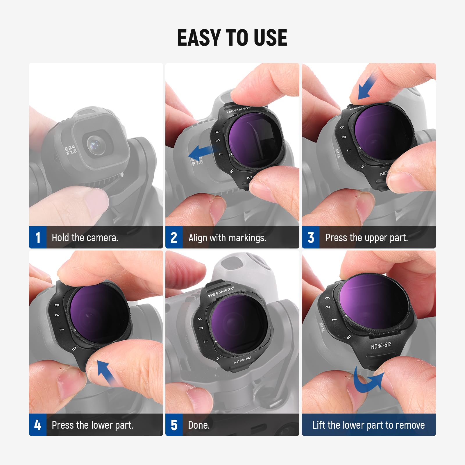 NEEWER 6 Pack ND Filter Set Compatible with DJI Mini 4K/2/Mavic/SE/2 SE | Drone Lens Accessories, Snap on, CPL, UV, Neutral Density Filters, ND4/8/16/32, Multi Coated HD Glass, Gimbal Safe, FL-B31