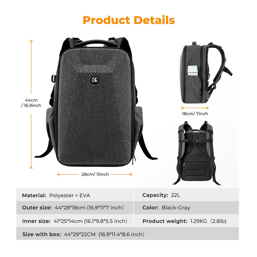 K&F CONCEPT Camera Backpack,Hardshell Photography DSLR Camera Bag | 15-15.6 Inch Laptop Compartment, Waterproof, Hard Shell Camera Case, Compatible with Canon/Nikon/Sony/DJI Mavic Drone, B07