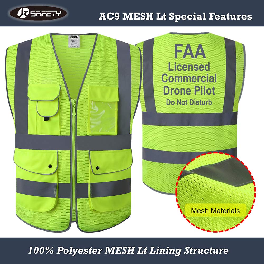 JKSafety Licenced Drone Pilot Reflective Safety Vest JK100FAA Yellow L | 4 Reflective Strips, 9 Pockets ANSI Class 2 FAA-Compliant Drone Pilot Vest Breathable Mesh for UAV & Field Operations