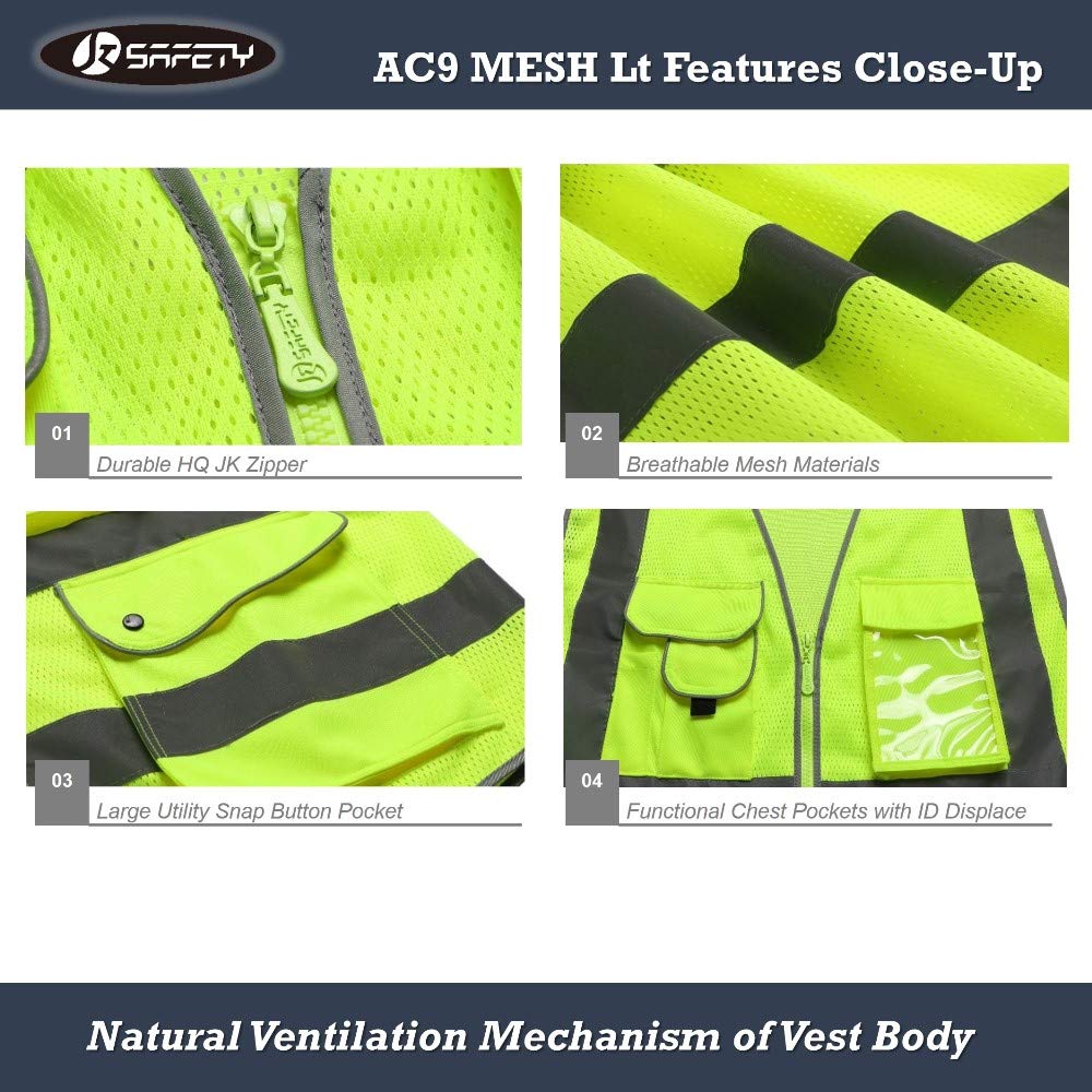 JKSafety Licenced Drone Pilot Reflective Safety Vest JK100FAA Yellow L | 4 Reflective Strips, 9 Pockets ANSI Class 2 FAA-Compliant Drone Pilot Vest Breathable Mesh for UAV & Field Operations