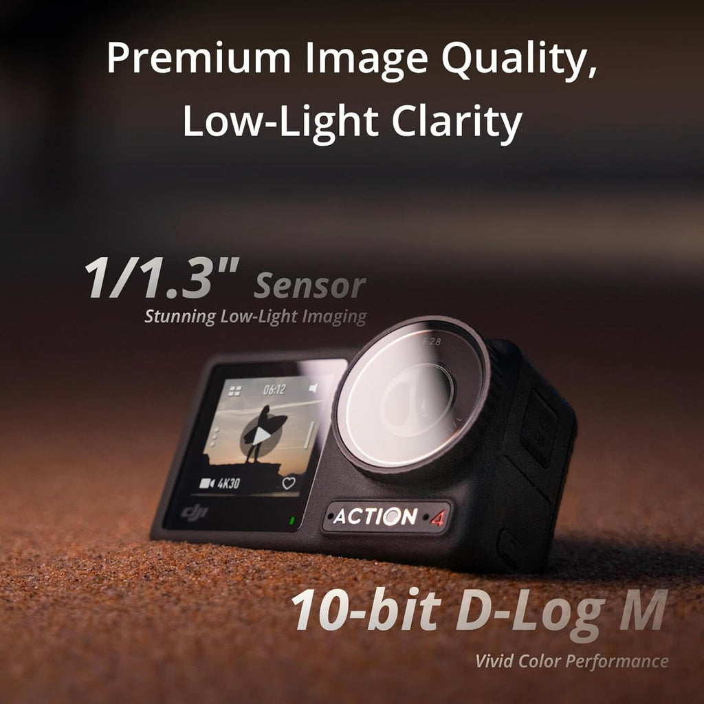 DJI Osmo Action 4 Essential Combo, Waterproof Action Camera Vlogging Camera | 1/1.3" Sensor, 4K/120fps Video, Stunning Low-Light Imaging, 10-bit & D-Log M Color Performance, Long-Lasting 160 Mins
