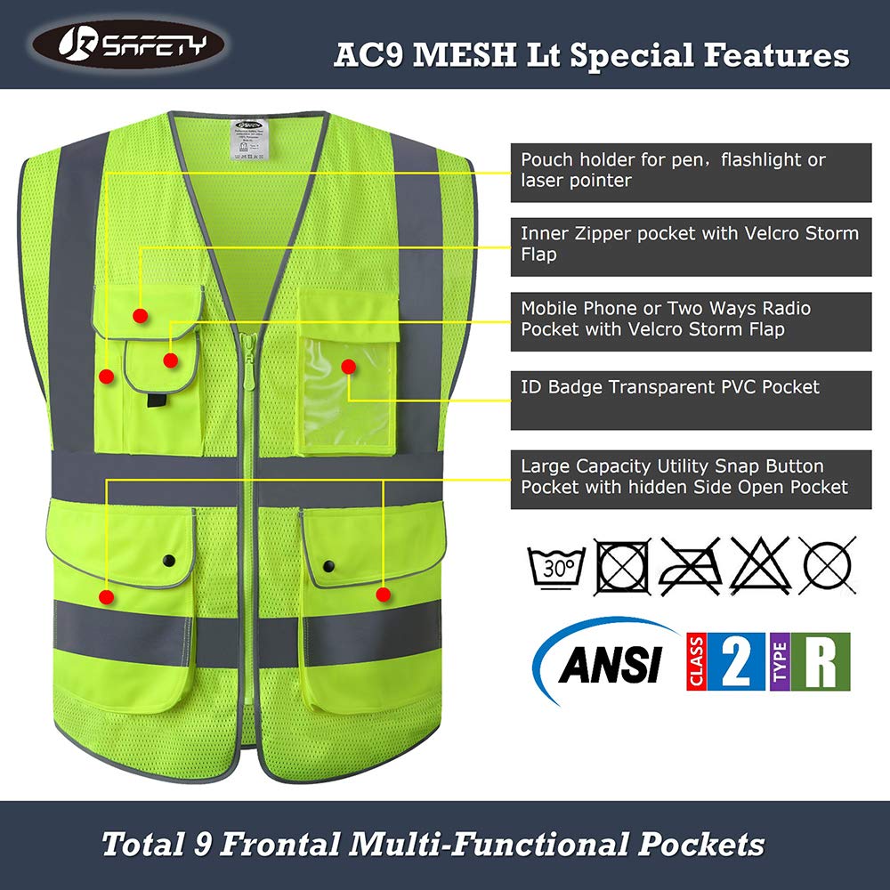 JKSafety Licenced Drone Pilot Reflective Safety Vest JK100FAA Yellow L | 4 Reflective Strips, 9 Pockets ANSI Class 2 FAA-Compliant Drone Pilot Vest Breathable Mesh for UAV & Field Operations