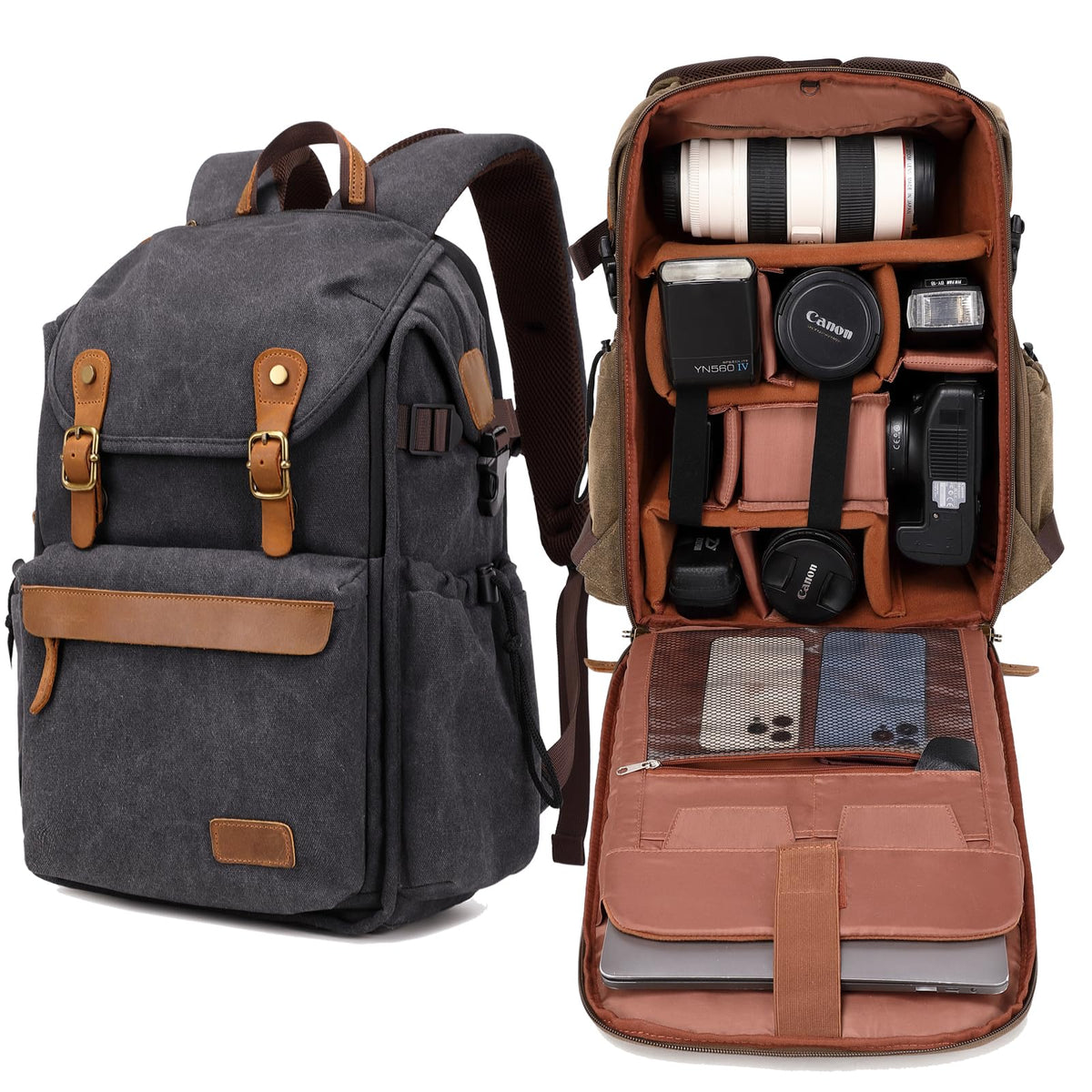 Vintage Canvas Camera Backpack (Coffee Brown) for DSLR/Mirrorless & Drone, Waterproof Photography Bag with 16" Laptop Compartment, Large Capacity Travel Camera Bag for Photographers