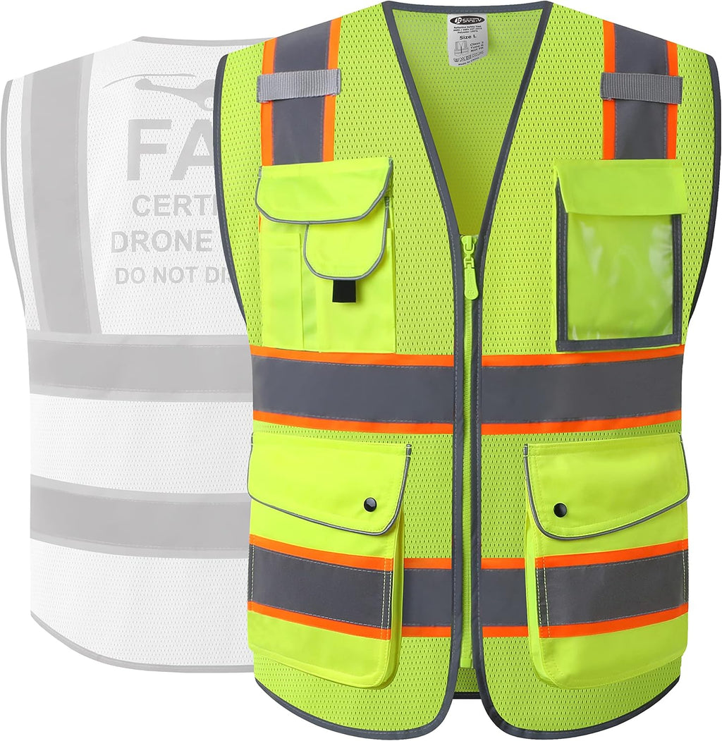JKSafety Licenced Drone Pilot Reflective Safety Vest JK100FAA Yellow L | 4 Reflective Strips, 9 Pockets ANSI Class 2 FAA-Compliant Drone Pilot Vest Breathable Mesh for UAV & Field Operations