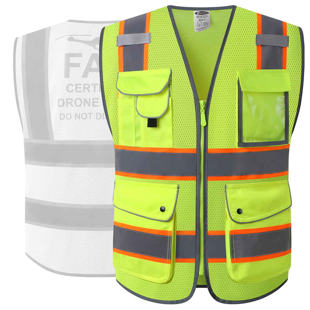 JKSafety Licenced Drone Pilot Reflective Safety Vest JK100FAA Yellow L | 4 Reflective Strips, 9 Pockets ANSI Class 2 FAA-Compliant Drone Pilot Vest Breathable Mesh for UAV & Field Operations