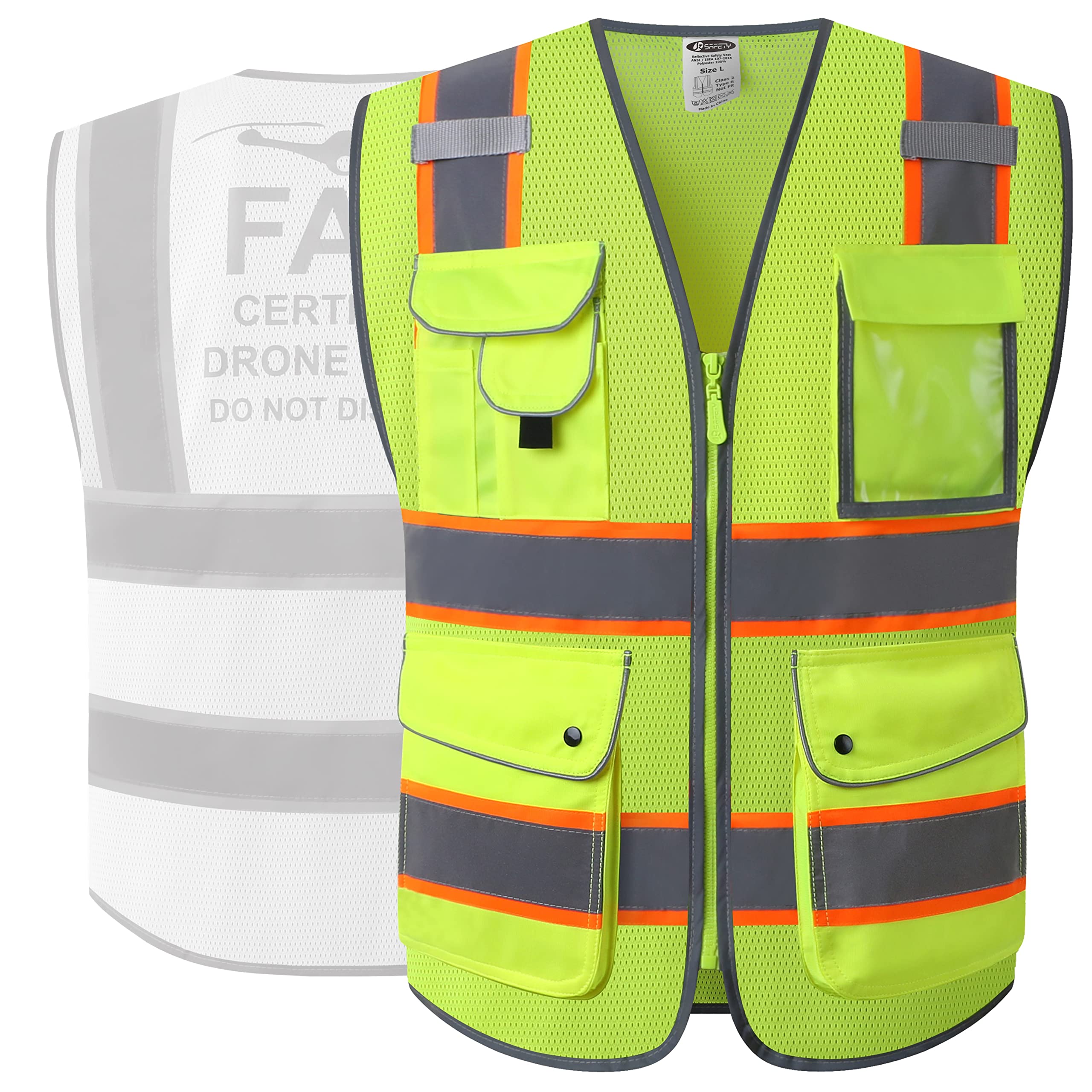 JKSafety Licenced Drone Pilot Reflective Safety Vest JK100FAA Yellow L | 4 Reflective Strips, 9 Pockets ANSI Class 2 FAA-Compliant Drone Pilot Vest Breathable Mesh for UAV & Field Operations