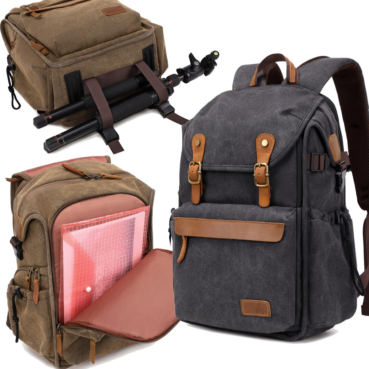 Vintage Canvas Camera Backpack (Coffee Brown) for DSLR/Mirrorless & Drone, Waterproof Photography Bag with 16" Laptop Compartment, Large Capacity Travel Camera Bag for Photographers