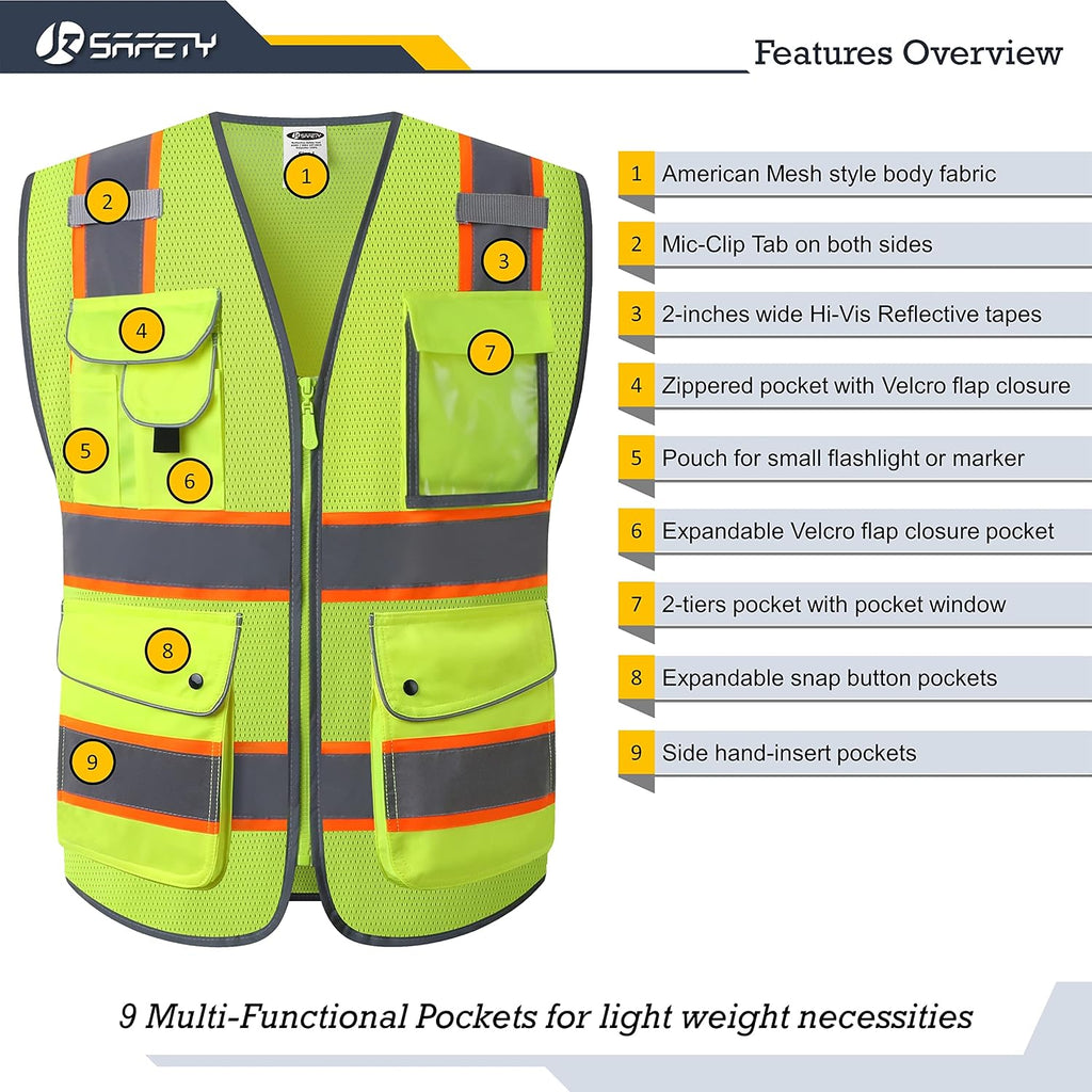 JKSafety Licenced Drone Pilot Reflective Safety Vest JK100FAA Yellow L | 4 Reflective Strips, 9 Pockets ANSI Class 2 FAA-Compliant Drone Pilot Vest Breathable Mesh for UAV & Field Operations