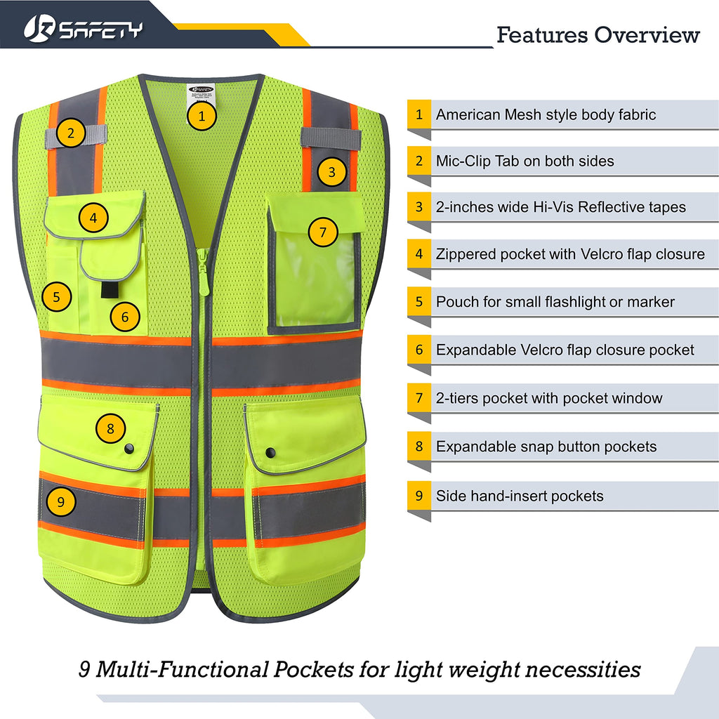 JKSafety Licenced Drone Pilot Reflective Safety Vest JK100FAA Yellow L | 4 Reflective Strips, 9 Pockets ANSI Class 2 FAA-Compliant Drone Pilot Vest Breathable Mesh for UAV & Field Operations