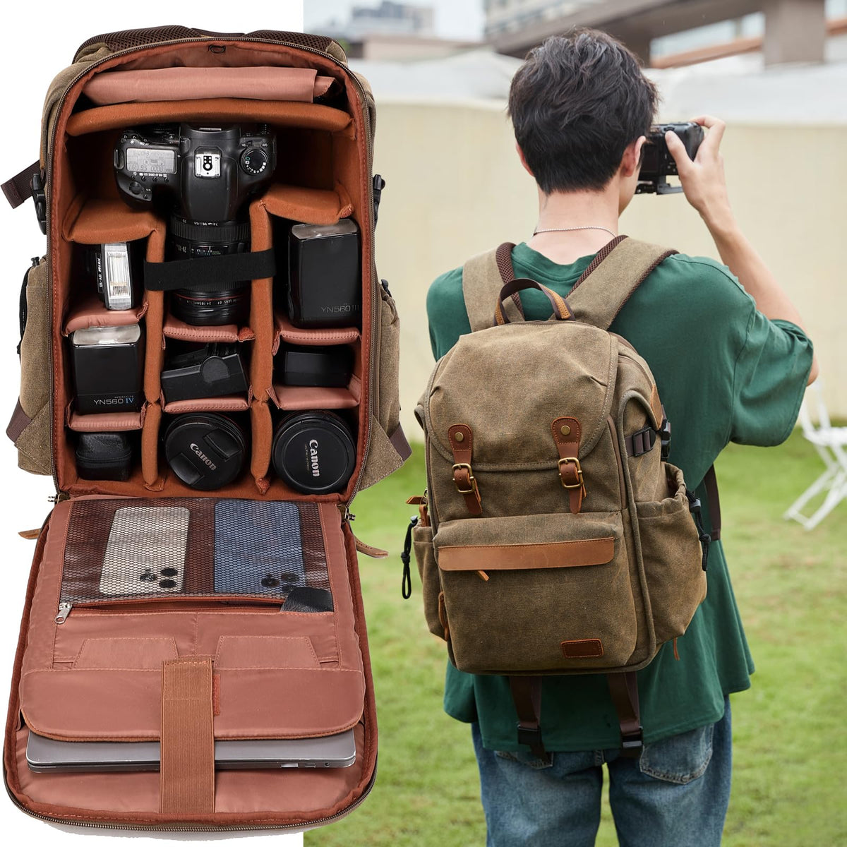 Vintage Canvas Camera Backpack (Coffee Brown) for DSLR/Mirrorless & Drone, Waterproof Photography Bag with 16" Laptop Compartment, Large Capacity Travel Camera Bag for Photographers