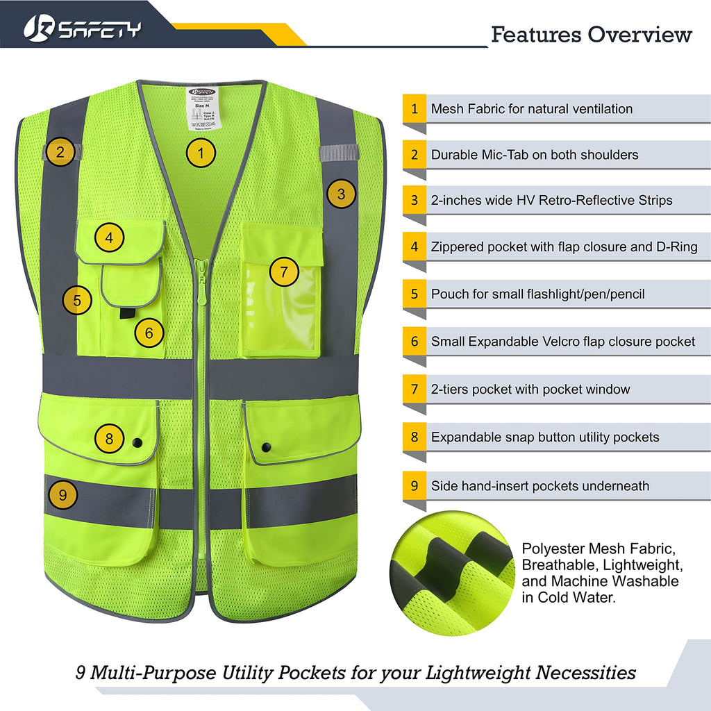 JKSafety Licenced Drone Pilot Reflective Safety Vest JK100FAA Yellow L | 4 Reflective Strips, 9 Pockets ANSI Class 2 FAA-Compliant Drone Pilot Vest Breathable Mesh for UAV & Field Operations