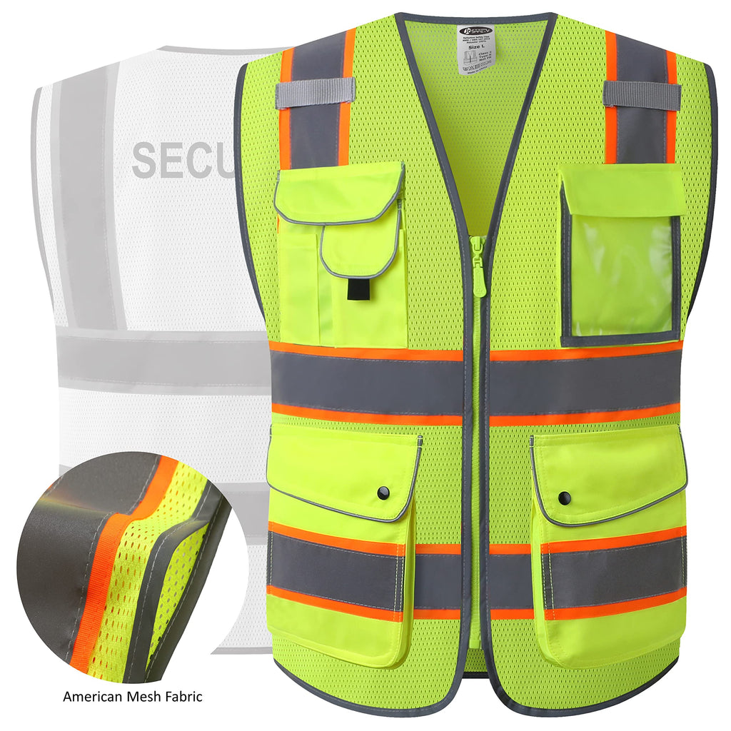 JKSafety Licenced Drone Pilot Reflective Safety Vest JK100FAA Yellow L | 4 Reflective Strips, 9 Pockets ANSI Class 2 FAA-Compliant Drone Pilot Vest Breathable Mesh for UAV & Field Operations