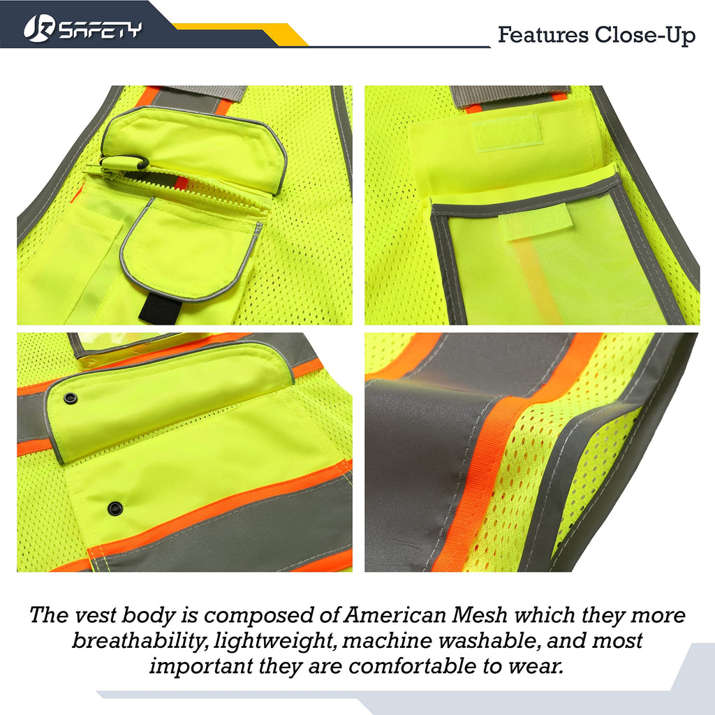 JKSafety Licenced Drone Pilot Reflective Safety Vest JK100FAA Yellow L | 4 Reflective Strips, 9 Pockets ANSI Class 2 FAA-Compliant Drone Pilot Vest Breathable Mesh for UAV & Field Operations