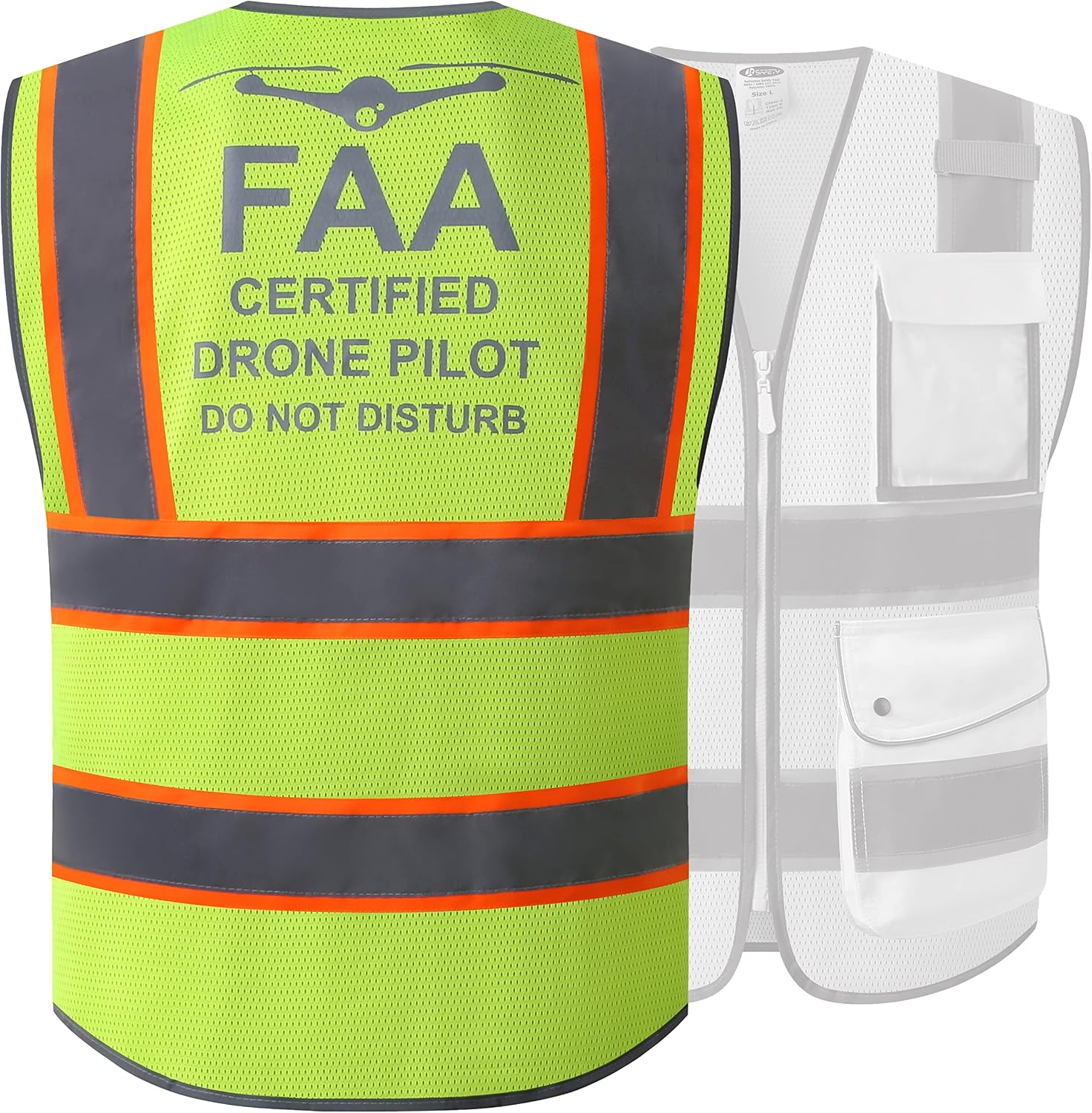 JKSafety Licenced Drone Pilot Reflective Safety Vest JK100FAA Yellow L | 4 Reflective Strips, 9 Pockets ANSI Class 2 FAA-Compliant Drone Pilot Vest Breathable Mesh for UAV & Field Operations