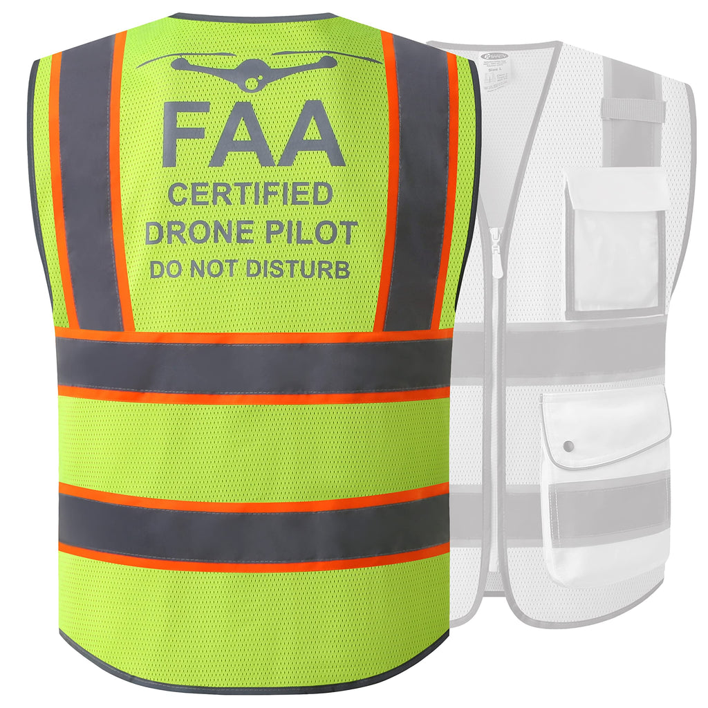 JKSafety Licenced Drone Pilot Reflective Safety Vest JK100FAA Yellow L | 4 Reflective Strips, 9 Pockets ANSI Class 2 FAA-Compliant Drone Pilot Vest Breathable Mesh for UAV & Field Operations