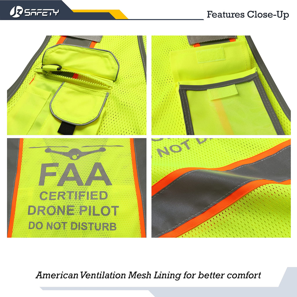 JKSafety Licenced Drone Pilot Reflective Safety Vest JK100FAA Yellow L | 4 Reflective Strips, 9 Pockets ANSI Class 2 FAA-Compliant Drone Pilot Vest Breathable Mesh for UAV & Field Operations