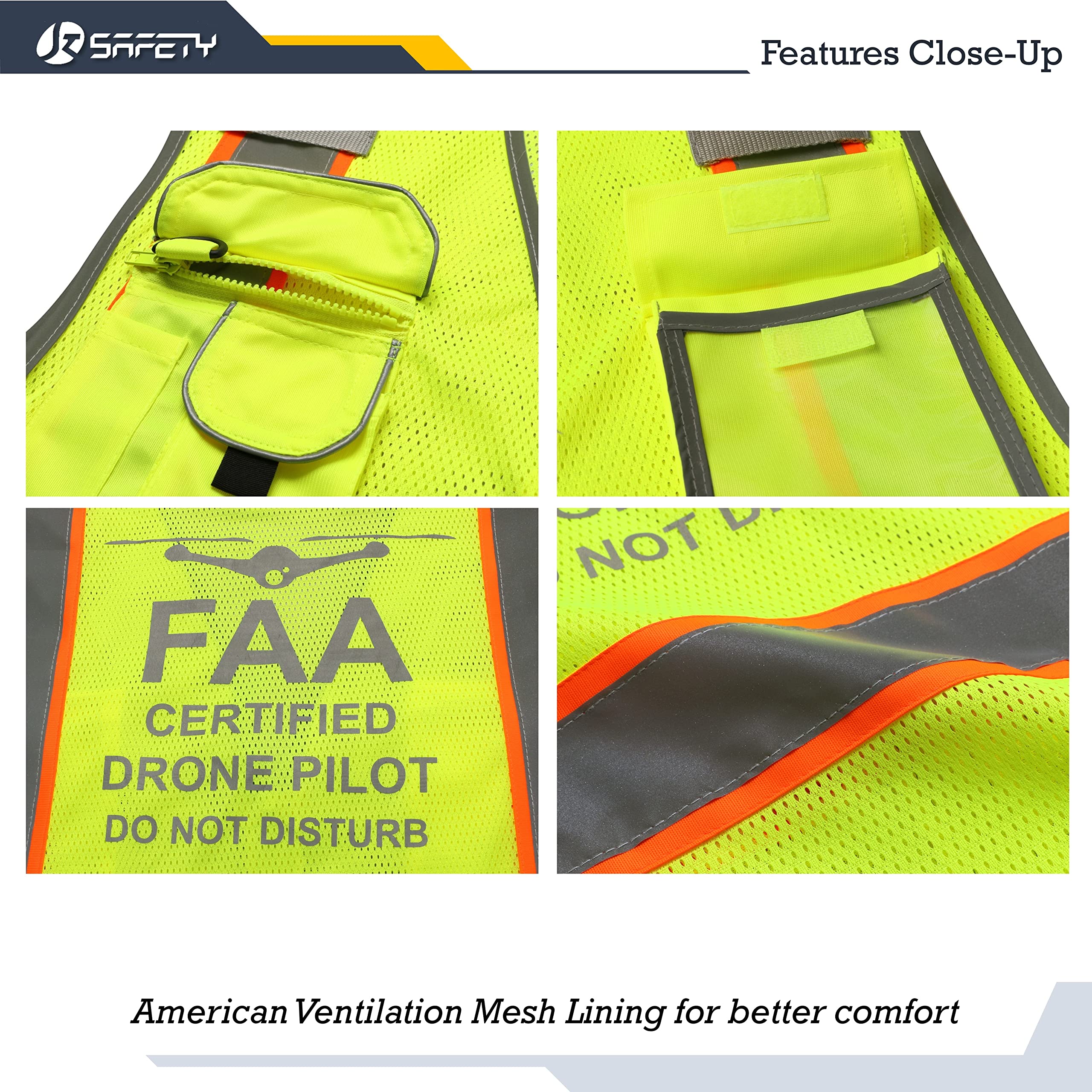 JKSafety Licenced Drone Pilot Reflective Safety Vest JK100FAA Yellow L | 4 Reflective Strips, 9 Pockets ANSI Class 2 FAA-Compliant Drone Pilot Vest Breathable Mesh for UAV & Field Operations