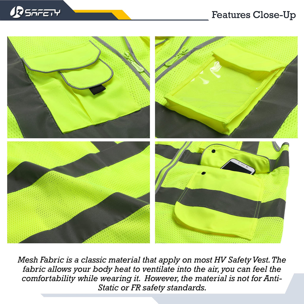 JKSafety Licenced Drone Pilot Reflective Safety Vest JK100FAA Yellow L | 4 Reflective Strips, 9 Pockets ANSI Class 2 FAA-Compliant Drone Pilot Vest Breathable Mesh for UAV & Field Operations